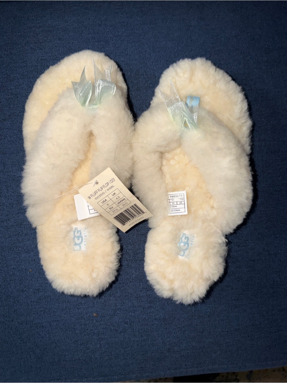 UGG Cream Sheepskin Fluff Flip Slippers with Ribbon Bow